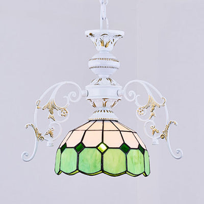 1 Light Semi Globe Ceiling Light with Adjustable Chain Tiffany Stained Glass Pendant Lighting in Yellow/Orange/Blue/Green/Blue-Clear Green Clearhalo 'Ceiling Lights' 'Chandeliers' 'Industrial' 'Middle Century Chandeliers' 'Tiffany Chandeliers' 'Tiffany close to ceiling' 'Tiffany' Lighting' 38131