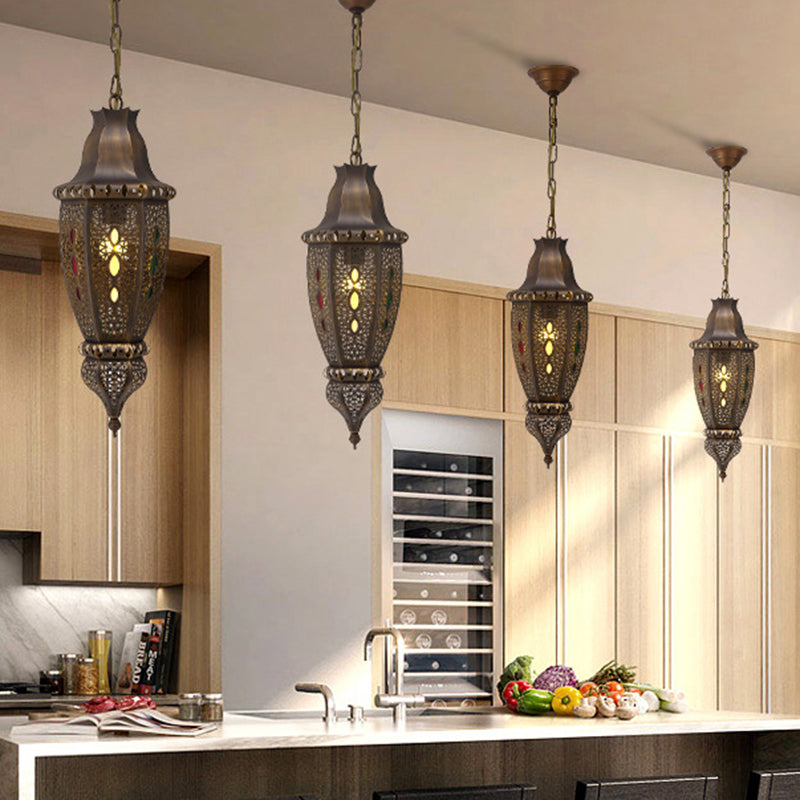 1 Bulb Carved Pendant Lighting Decorative Metal Ceiling Suspension Lamp in Bronze Clearhalo 'Ceiling Lights' 'Pendant Lights' 'Pendants' Lighting' 381452