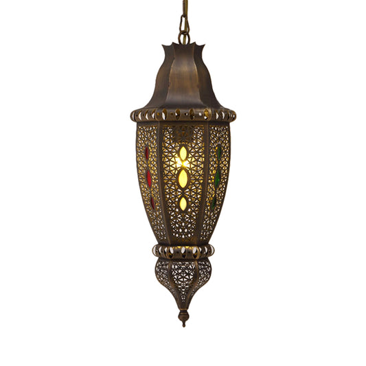 1 Bulb Carved Pendant Lighting Decorative Metal Ceiling Suspension Lamp in Bronze Clearhalo 'Ceiling Lights' 'Pendant Lights' 'Pendants' Lighting' 381453
