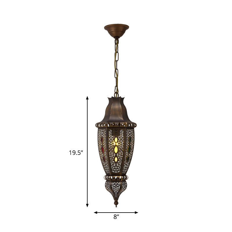 1 Bulb Carved Pendant Lighting Decorative Metal Ceiling Suspension Lamp in Bronze Clearhalo 'Ceiling Lights' 'Pendant Lights' 'Pendants' Lighting' 381455