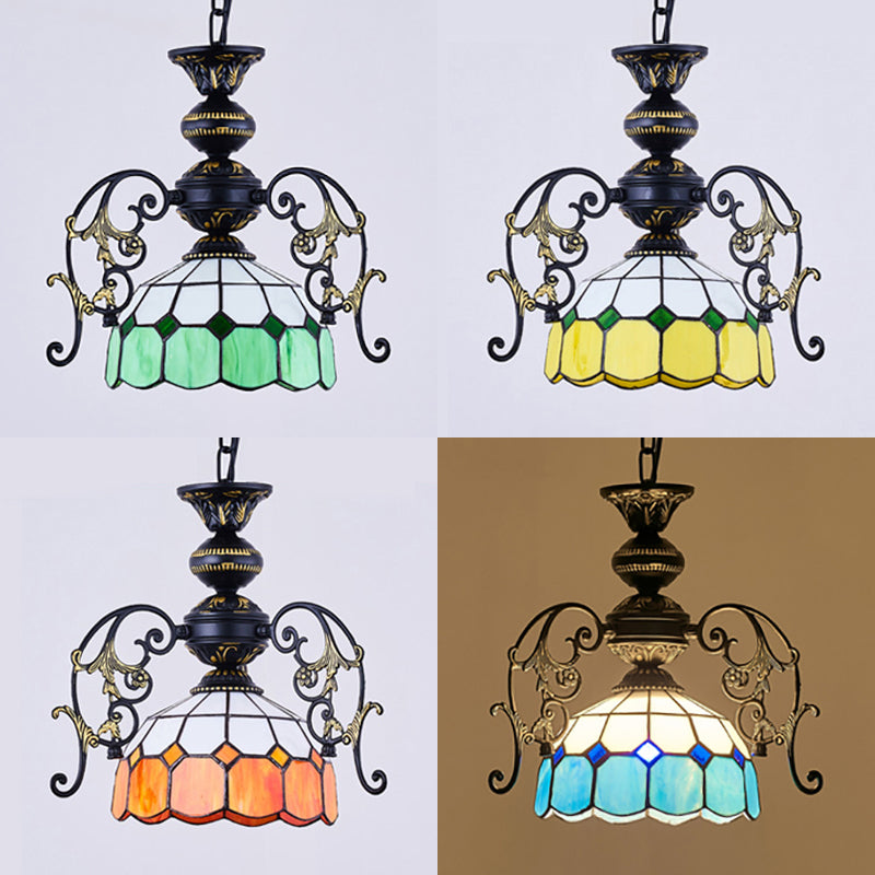 Yellow/Orange/Green/Blue Domed Pendant Light with Hanging Chain Rustic 1 Lights Suspension Light in Black Finish for Dining Room Clearhalo 'Ceiling Lights' 'Chandeliers' 'Industrial' 'Middle Century Chandeliers' 'Tiffany Chandeliers' 'Tiffany close to ceiling' 'Tiffany' Lighting' 38146