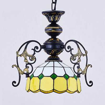 Yellow/Orange/Green/Blue Domed Pendant Light with Hanging Chain Rustic 1 Lights Suspension Light in Black Finish for Dining Room Yellow Clearhalo 'Ceiling Lights' 'Chandeliers' 'Industrial' 'Middle Century Chandeliers' 'Tiffany Chandeliers' 'Tiffany close to ceiling' 'Tiffany' Lighting' 38148