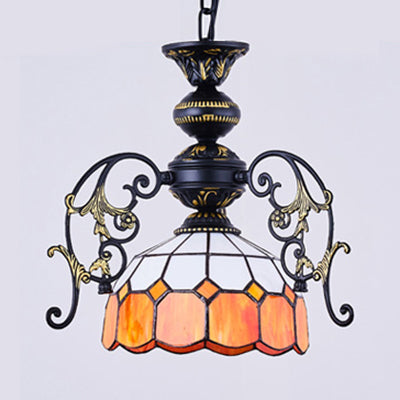 Yellow/Orange/Green/Blue Domed Pendant Light with Hanging Chain Rustic 1 Lights Suspension Light in Black Finish for Dining Room Orange Clearhalo 'Ceiling Lights' 'Chandeliers' 'Industrial' 'Middle Century Chandeliers' 'Tiffany Chandeliers' 'Tiffany close to ceiling' 'Tiffany' Lighting' 38149