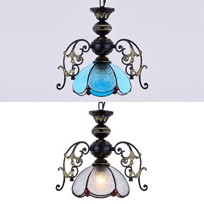 Vintage Tiffany Petal Pendant Lamp Black Finish 1 Light Stained Glass Foyer Hanging Light in Clear/Blue Clearhalo 'Ceiling Lights' 'Chandeliers' 'Clear' 'Close To Ceiling Lights' 'Industrial' 'Middle Century Chandeliers' 'Modern' 'Tiffany Chandeliers' 'Tiffany close to ceiling' 'Tiffany' 'Traditional Chandeliers' Lighting' 38152