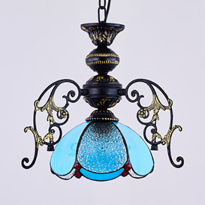 Vintage Tiffany Petal Pendant Lamp Black Finish 1 Light Stained Glass Foyer Hanging Light in Clear/Blue Blue Clearhalo 'Ceiling Lights' 'Chandeliers' 'Clear' 'Close To Ceiling Lights' 'Industrial' 'Middle Century Chandeliers' 'Modern' 'Tiffany Chandeliers' 'Tiffany close to ceiling' 'Tiffany' 'Traditional Chandeliers' Lighting' 38153