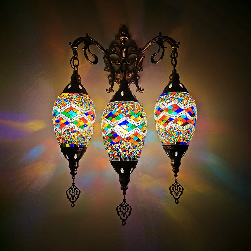 Stained Glass Yellow/Orange/Blue Wall Mount Light Oval 3 Lights Vintage Sconce Light Fixture Clearhalo 'Wall Lamps & Sconces' 'Wall Lights' Lighting' 381639