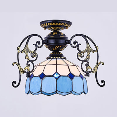 Domed Semi Flush Light with Grid Pattern 1 Light Stained Glass Ceiling Light in Black/White Black E Clearhalo 'Ceiling Lights' 'Close To Ceiling Lights' 'Close to ceiling' 'Glass shade' 'Glass' 'Semi-flushmount' 'Tiffany close to ceiling' 'Tiffany' Lighting' 38164