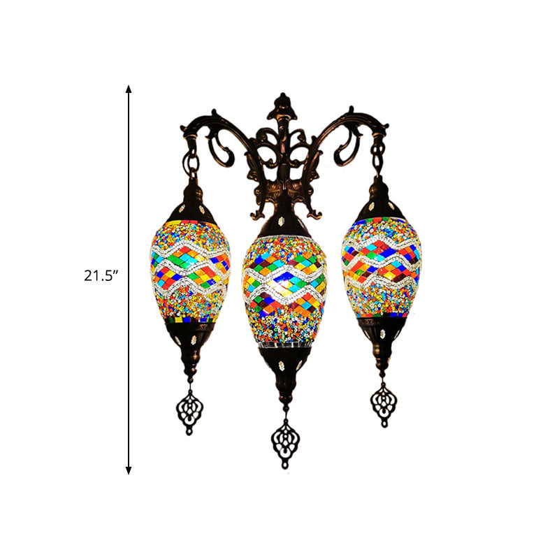 Stained Glass Yellow/Orange/Blue Wall Mount Light Oval 3 Lights Vintage Sconce Light Fixture Clearhalo 'Wall Lamps & Sconces' 'Wall Lights' Lighting' 381640