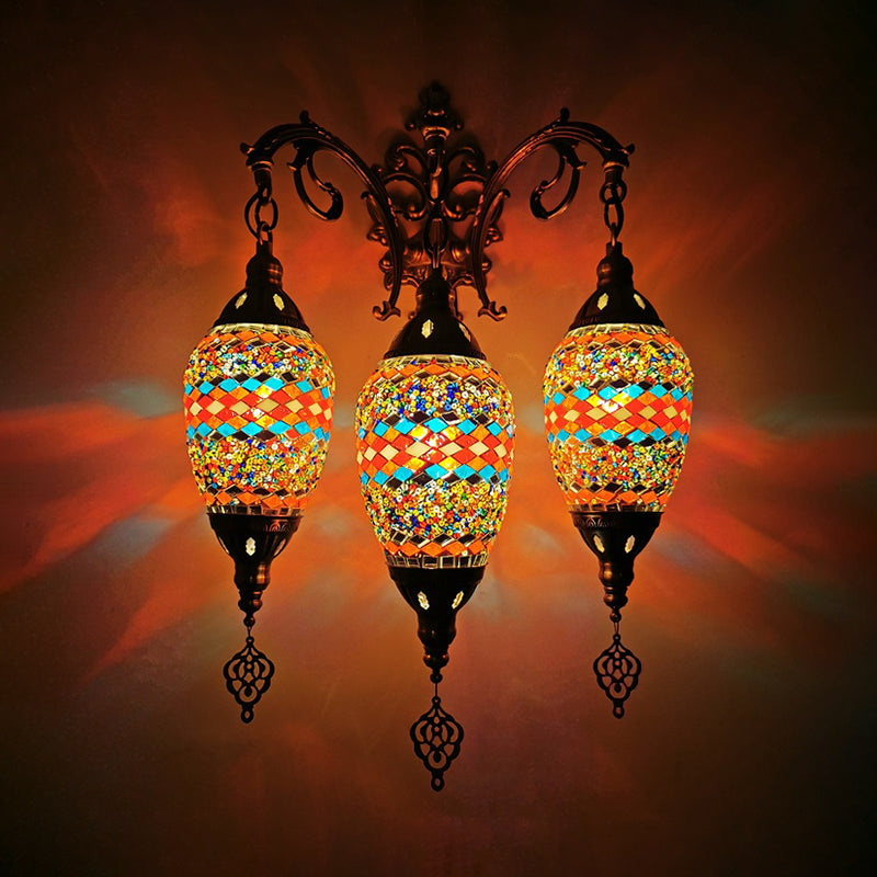 Stained Glass Yellow/Orange/Blue Wall Mount Light Oval 3 Lights Vintage Sconce Light Fixture Orange Clearhalo 'Wall Lamps & Sconces' 'Wall Lights' Lighting' 381641