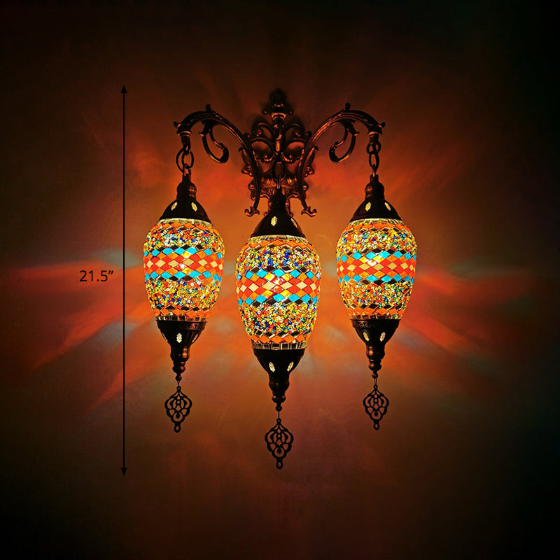 Stained Glass Yellow/Orange/Blue Wall Mount Light Oval 3 Lights Vintage Sconce Light Fixture Clearhalo 'Wall Lamps & Sconces' 'Wall Lights' Lighting' 381642