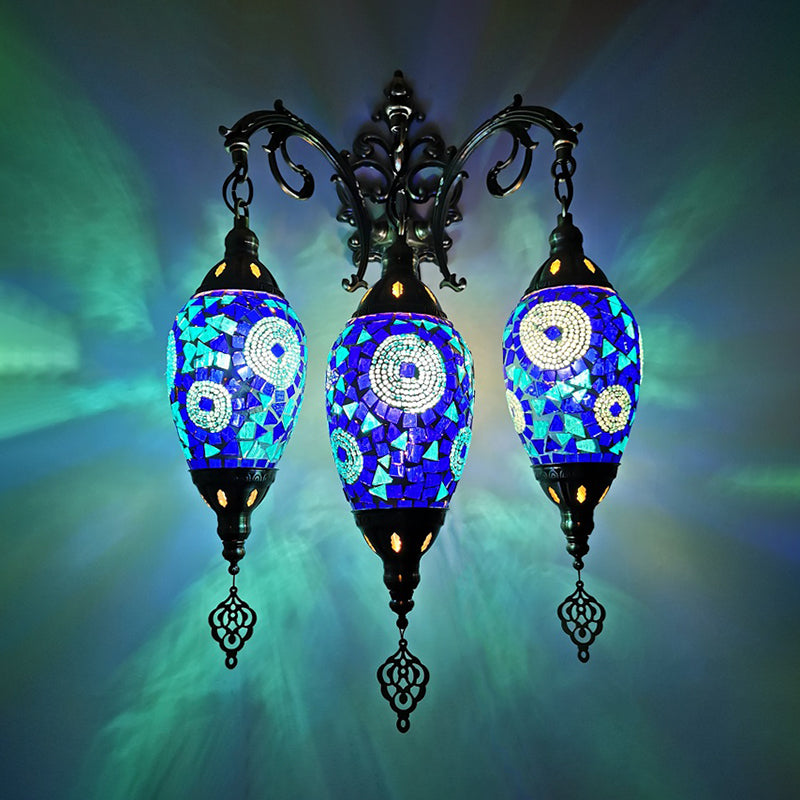 Stained Glass Yellow/Orange/Blue Wall Mount Light Oval 3 Lights Vintage Sconce Light Fixture Blue Clearhalo 'Wall Lamps & Sconces' 'Wall Lights' Lighting' 381643