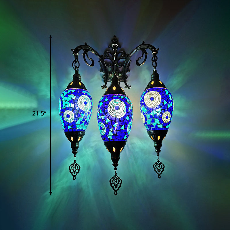 Stained Glass Yellow/Orange/Blue Wall Mount Light Oval 3 Lights Vintage Sconce Light Fixture Clearhalo 'Wall Lamps & Sconces' 'Wall Lights' Lighting' 381644