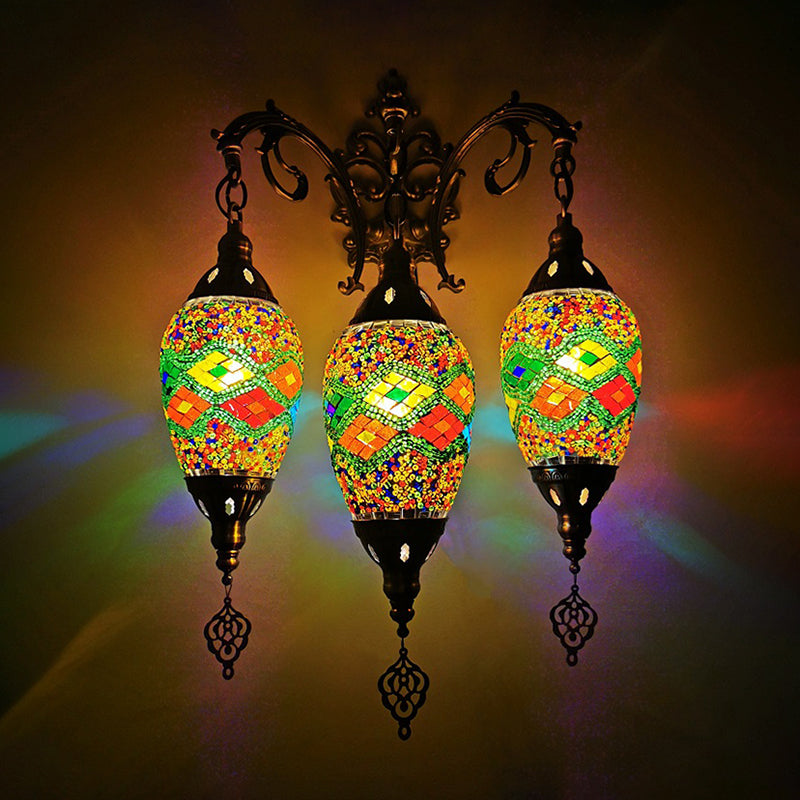 Stained Glass Yellow/Orange/Blue Wall Mount Light Oval 3 Lights Vintage Sconce Light Fixture Green Clearhalo 'Wall Lamps & Sconces' 'Wall Lights' Lighting' 381645