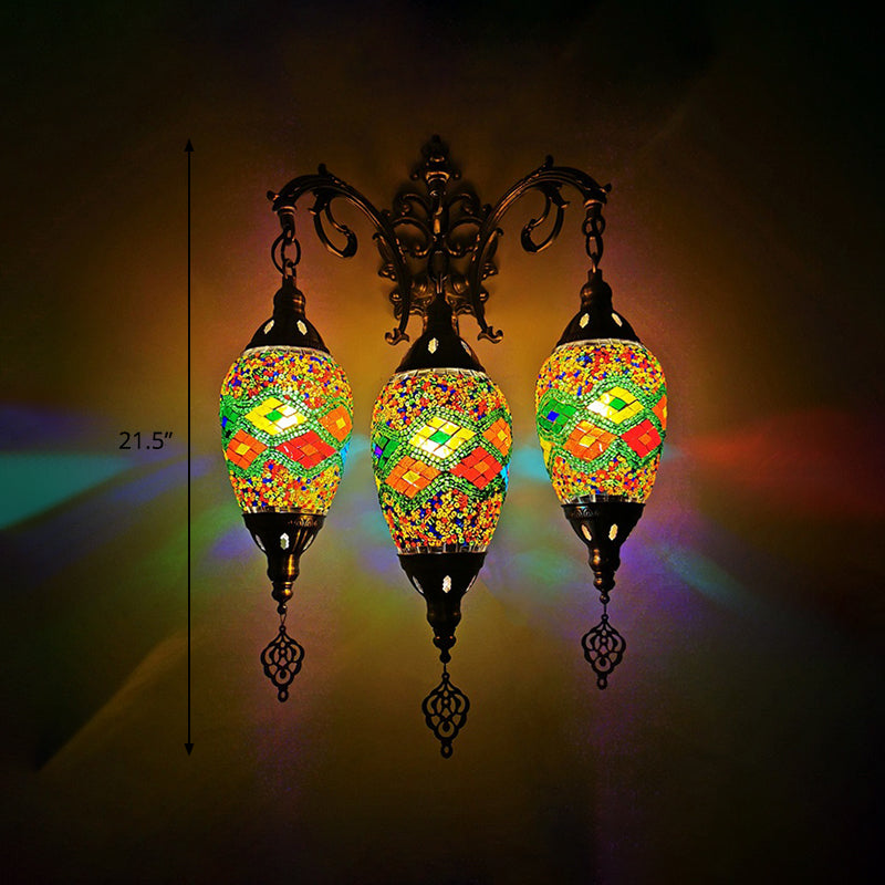 Stained Glass Yellow/Orange/Blue Wall Mount Light Oval 3 Lights Vintage Sconce Light Fixture Clearhalo 'Wall Lamps & Sconces' 'Wall Lights' Lighting' 381646