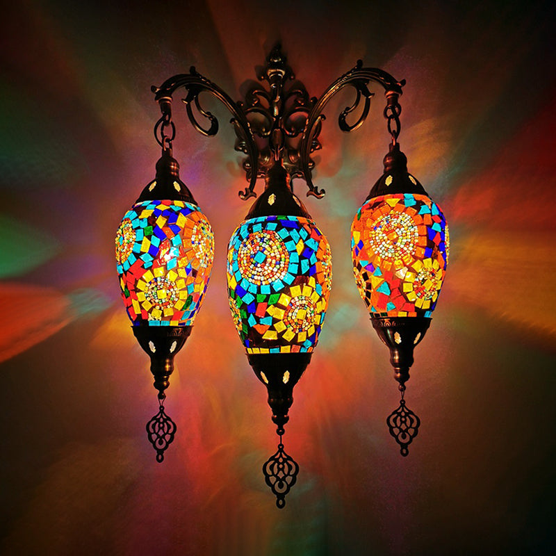 Stained Glass Yellow/Orange/Blue Wall Mount Light Oval 3 Lights Vintage Sconce Light Fixture Yellow Clearhalo 'Wall Lamps & Sconces' 'Wall Lights' Lighting' 381647