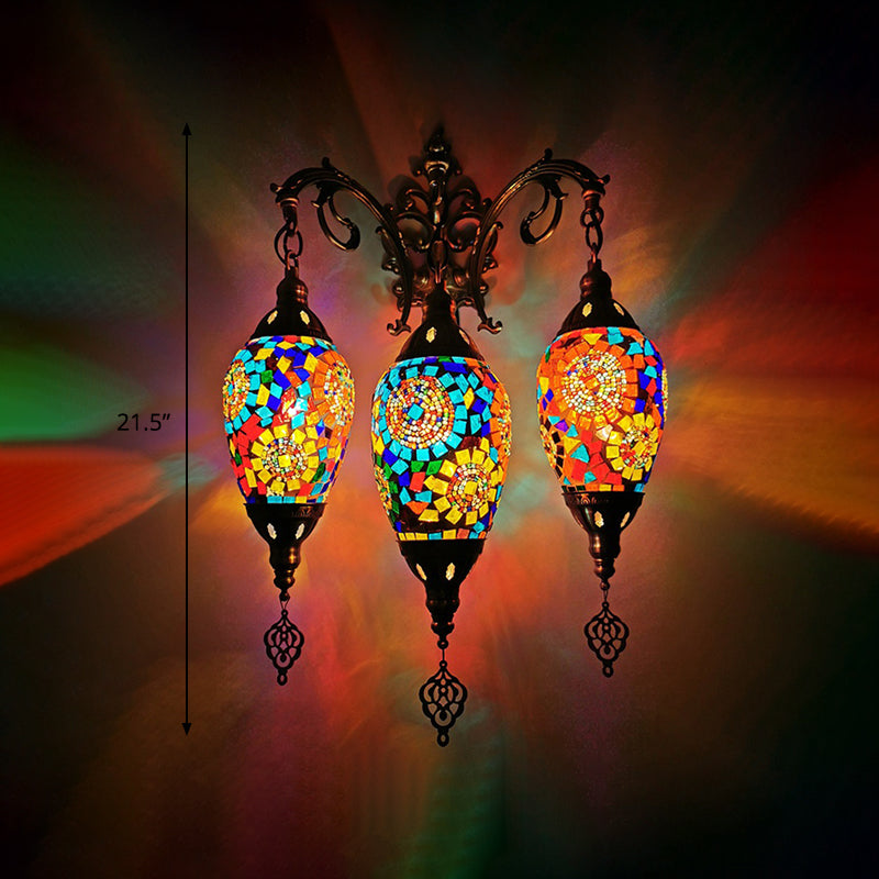 Stained Glass Yellow/Orange/Blue Wall Mount Light Oval 3 Lights Vintage Sconce Light Fixture Clearhalo 'Wall Lamps & Sconces' 'Wall Lights' Lighting' 381648