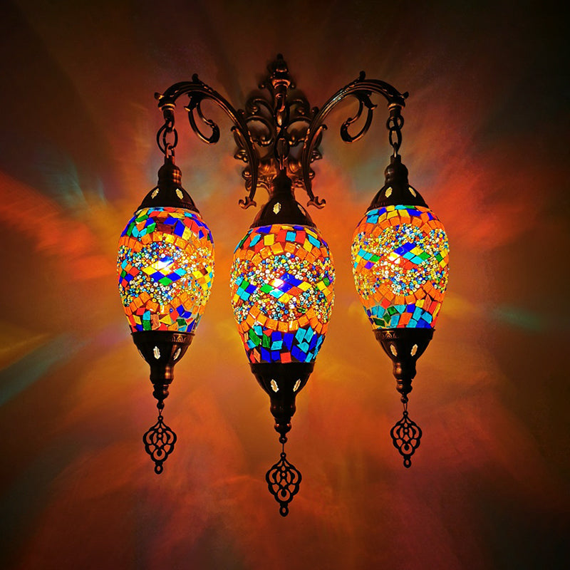 Stained Glass Yellow/Orange/Blue Wall Mount Light Oval 3 Lights Vintage Sconce Light Fixture Blue-Orange Clearhalo 'Wall Lamps & Sconces' 'Wall Lights' Lighting' 381649