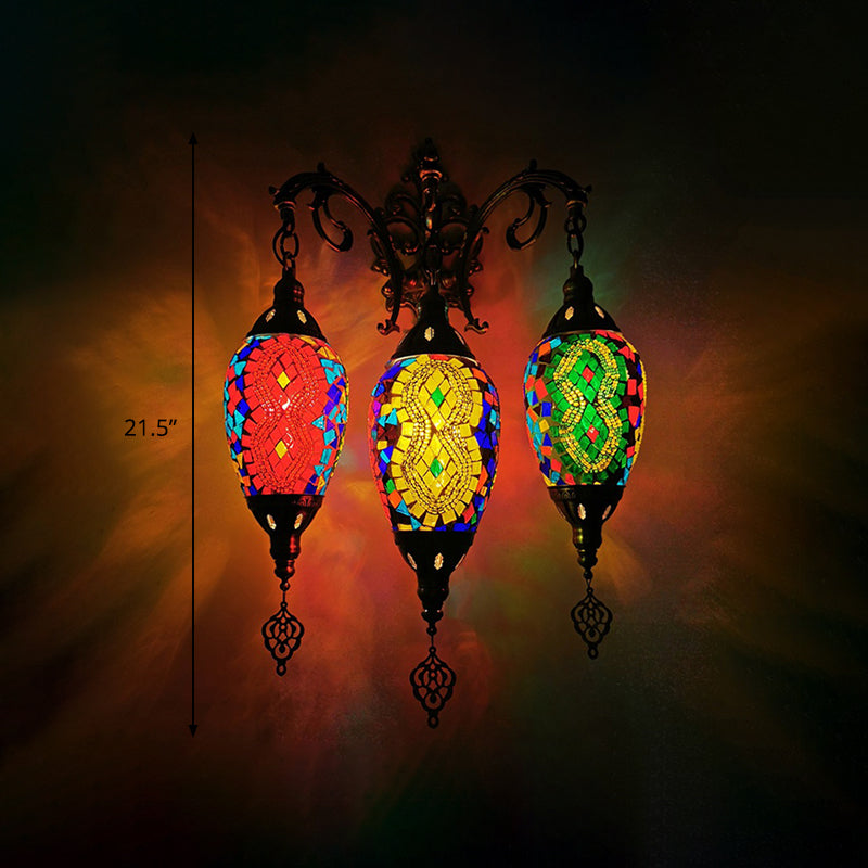 Stained Glass Yellow/Orange/Blue Wall Mount Light Oval 3 Lights Vintage Sconce Light Fixture Clearhalo 'Wall Lamps & Sconces' 'Wall Lights' Lighting' 381652