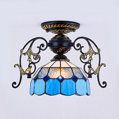 Domed Semi Flush Light with Grid Pattern 1 Light Stained Glass Ceiling Light in Black/White Black D Clearhalo 'Ceiling Lights' 'Close To Ceiling Lights' 'Close to ceiling' 'Glass shade' 'Glass' 'Semi-flushmount' 'Tiffany close to ceiling' 'Tiffany' Lighting' 38165