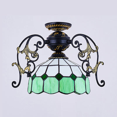 Domed Semi Flush Light with Grid Pattern 1 Light Stained Glass Ceiling Light in Black/White Black C Clearhalo 'Ceiling Lights' 'Close To Ceiling Lights' 'Close to ceiling' 'Glass shade' 'Glass' 'Semi-flushmount' 'Tiffany close to ceiling' 'Tiffany' Lighting' 38166