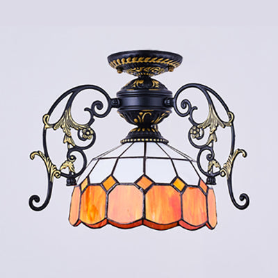 Domed Semi Flush Light with Grid Pattern 1 Light Stained Glass Ceiling Light in Black/White Black B Clearhalo 'Ceiling Lights' 'Close To Ceiling Lights' 'Close to ceiling' 'Glass shade' 'Glass' 'Semi-flushmount' 'Tiffany close to ceiling' 'Tiffany' Lighting' 38167