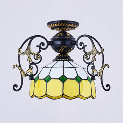 Domed Semi Flush Light with Grid Pattern 1 Light Stained Glass Ceiling Light in Black/White Black A Clearhalo 'Ceiling Lights' 'Close To Ceiling Lights' 'Close to ceiling' 'Glass shade' 'Glass' 'Semi-flushmount' 'Tiffany close to ceiling' 'Tiffany' Lighting' 38168