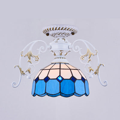 Domed Semi Flush Light with Grid Pattern 1 Light Stained Glass Ceiling Light in Black/White White E Clearhalo 'Ceiling Lights' 'Close To Ceiling Lights' 'Close to ceiling' 'Glass shade' 'Glass' 'Semi-flushmount' 'Tiffany close to ceiling' 'Tiffany' Lighting' 38170