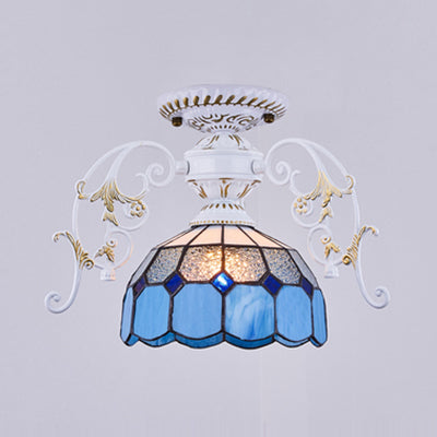 Domed Semi Flush Light with Grid Pattern 1 Light Stained Glass Ceiling Light in Black/White White D Clearhalo 'Ceiling Lights' 'Close To Ceiling Lights' 'Close to ceiling' 'Glass shade' 'Glass' 'Semi-flushmount' 'Tiffany close to ceiling' 'Tiffany' Lighting' 38171