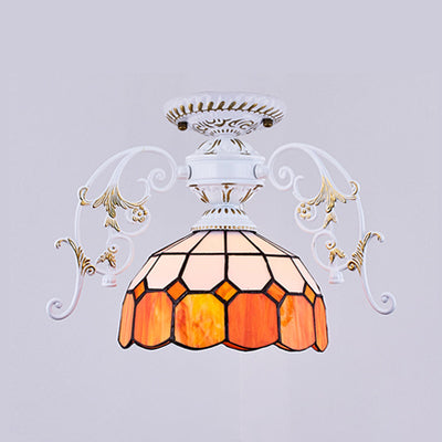 Domed Semi Flush Light with Grid Pattern 1 Light Stained Glass Ceiling Light in Black/White White B Clearhalo 'Ceiling Lights' 'Close To Ceiling Lights' 'Close to ceiling' 'Glass shade' 'Glass' 'Semi-flushmount' 'Tiffany close to ceiling' 'Tiffany' Lighting' 38173