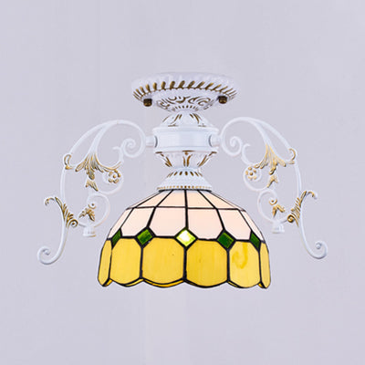 Domed Semi Flush Light with Grid Pattern 1 Light Stained Glass Ceiling Light in Black/White White A Clearhalo 'Ceiling Lights' 'Close To Ceiling Lights' 'Close to ceiling' 'Glass shade' 'Glass' 'Semi-flushmount' 'Tiffany close to ceiling' 'Tiffany' Lighting' 38174