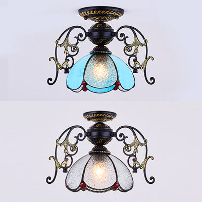 Blue/Clear Mini Semi Flushmount with Petal Shade Tiffany 1 Light Semi Flush Light in Black Finish for Balcony Clearhalo 'Ceiling Lights' 'Close To Ceiling Lights' 'Close to ceiling' 'Glass shade' 'Glass' 'Semi-flushmount' 'Tiffany close to ceiling' 'Tiffany' Lighting' 38176