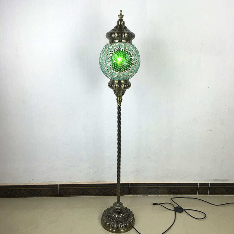 1 Head Sphere Floor Standing Lamp Vintage Red/Blue/Green Hand-Crafted Glass Stand up Lamp Green Clearhalo 'Floor Lamps' 'Lamps' Lighting' 381790