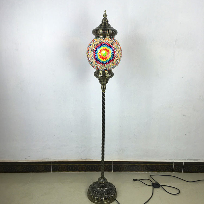 1 Head Sphere Floor Standing Lamp Vintage Red/Blue/Green Hand-Crafted Glass Stand up Lamp Yellow-Red Clearhalo 'Floor Lamps' 'Lamps' Lighting' 381791