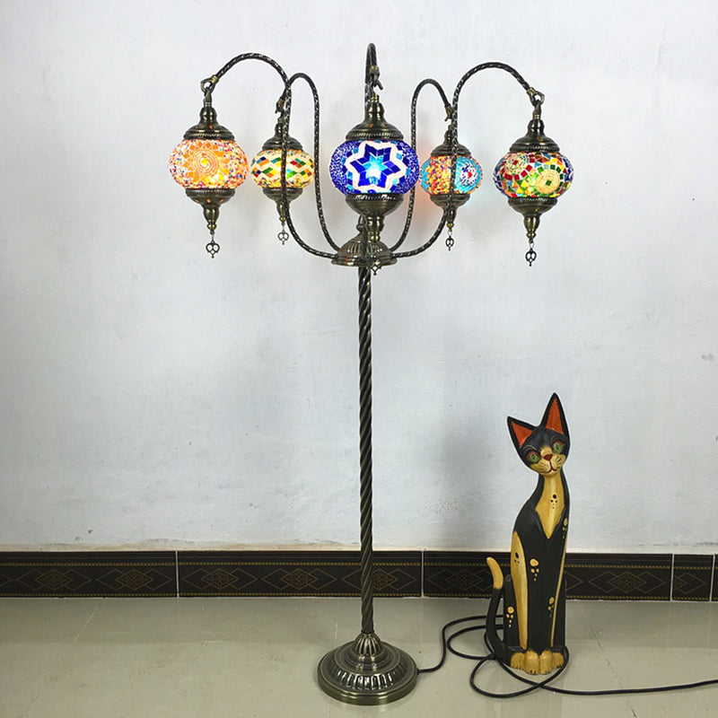 Yellow/Blue 5 Heads Standing Light Vintage Stained Art Glass Curved Arm Floor Reading Lamp Clearhalo 'Floor Lamps' 'Lamps' Lighting' 381805