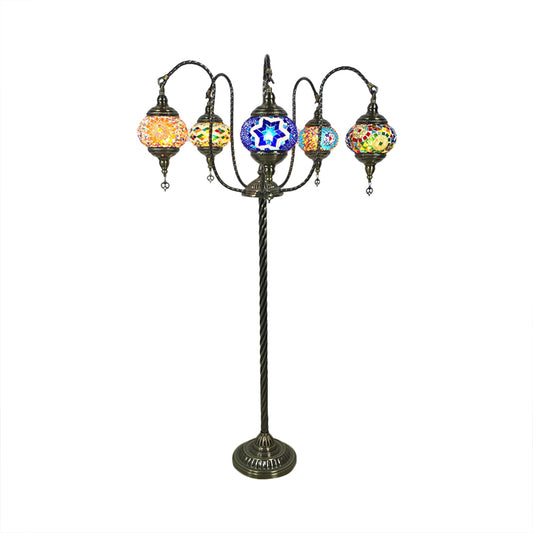 Yellow/Blue 5 Heads Standing Light Vintage Stained Art Glass Curved Arm Floor Reading Lamp Clearhalo 'Floor Lamps' 'Lamps' Lighting' 381807