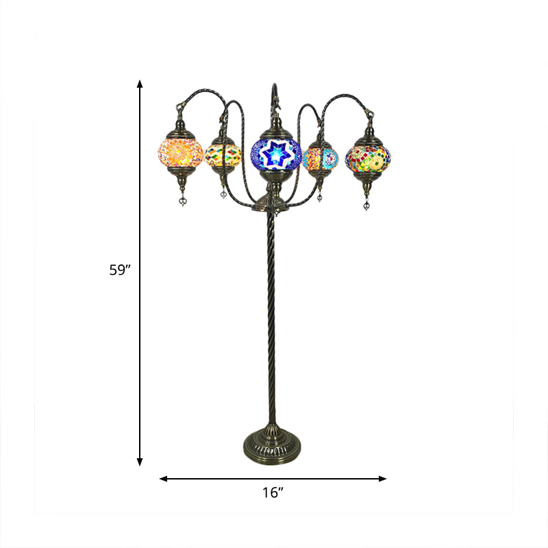 Yellow/Blue 5 Heads Standing Light Vintage Stained Art Glass Curved Arm Floor Reading Lamp Clearhalo 'Floor Lamps' 'Lamps' Lighting' 381808