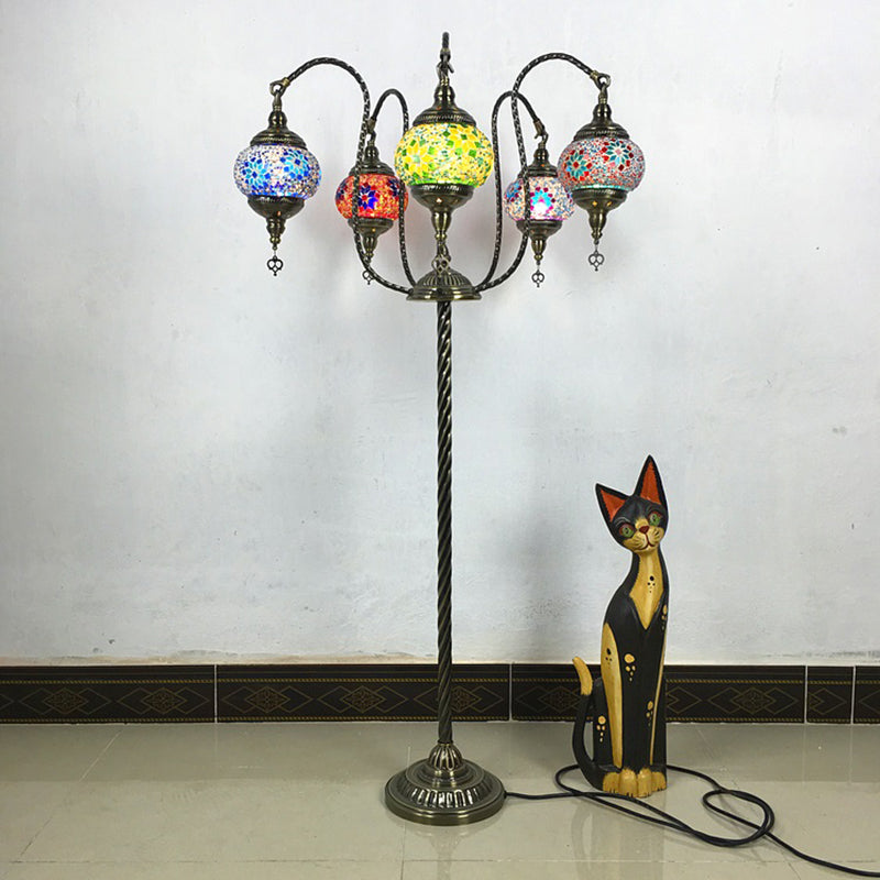 Yellow/Blue 5 Heads Standing Light Vintage Stained Art Glass Curved Arm Floor Reading Lamp Yellow Clearhalo 'Floor Lamps' 'Lamps' Lighting' 381809