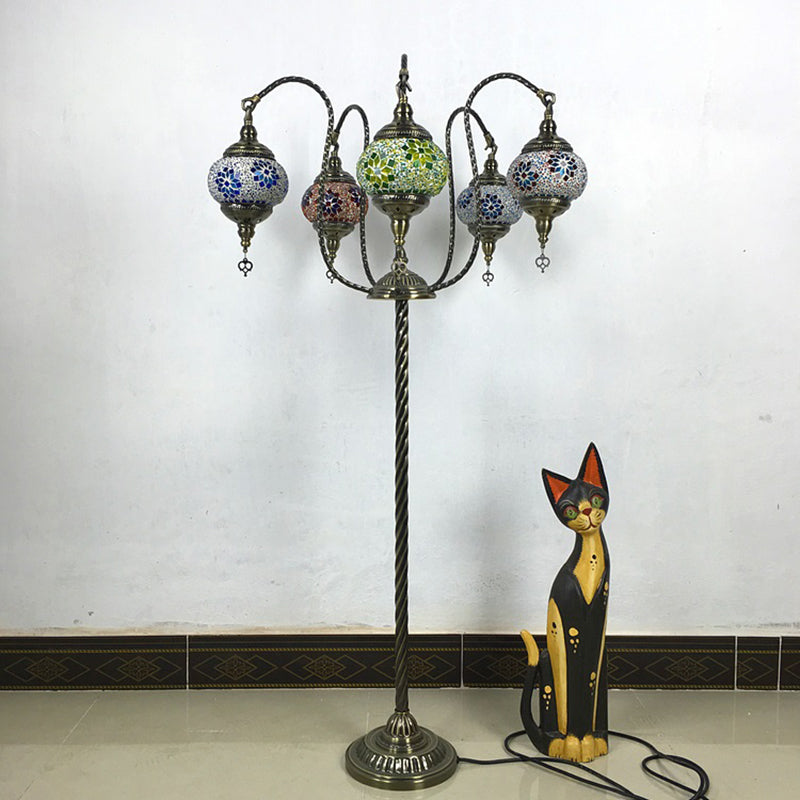 Yellow/Blue 5 Heads Standing Light Vintage Stained Art Glass Curved Arm Floor Reading Lamp Clearhalo 'Floor Lamps' 'Lamps' Lighting' 381810