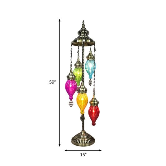Brass 5 Lights Standing Lamp Traditional Ribbed Glass Teardrop Floor Reading Lamp for Living Room Clearhalo 'Floor Lamps' 'Lamps' Lighting' 381892