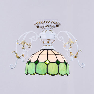 White Finish Semi Flush Light with Dome Shade Stained Glass Tiffany Style 1 Light Ceiling Fixture in Yellow/Orange/Green/Blue-Clear/Blue Green Clearhalo 'Ceiling Lights' 'Close To Ceiling Lights' 'Close to ceiling' 'Glass shade' 'Glass' 'Semi-flushmount' 'Tiffany close to ceiling' 'Tiffany' Lighting' 38192