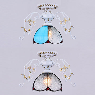 Traditional Petal Ceiling Light with Bowl Shade Stained Glass 1 Light Blue Diamond/Frosted Semi Flush Light in Black/White Clearhalo 'Ceiling Lights' 'Close To Ceiling Lights' 'Close to ceiling' 'Glass shade' 'Glass' 'Semi-flushmount' 'Tiffany close to ceiling' 'Tiffany' Lighting' 38196
