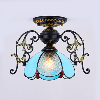 Traditional Petal Ceiling Light with Bowl Shade Stained Glass 1 Light Blue Diamond/Frosted Semi Flush Light in Black/White Black Blue Diamond Clearhalo 'Ceiling Lights' 'Close To Ceiling Lights' 'Close to ceiling' 'Glass shade' 'Glass' 'Semi-flushmount' 'Tiffany close to ceiling' 'Tiffany' Lighting' 38200