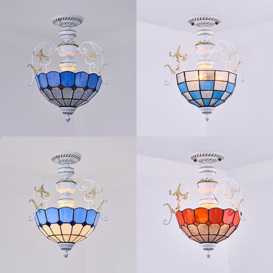 2 Bulbs Bowl Semi Flush Light with Blue Diamond/Blue Square/Red Diamond/Square Tiffany Stained Glass Semi Flushmount in White Clearhalo 'Ceiling Lights' 'Close To Ceiling Lights' 'Close to ceiling' 'Glass shade' 'Glass' 'Semi-flushmount' 'Tiffany close to ceiling' 'Tiffany' Lighting' 38209