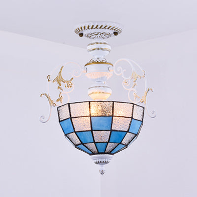 2 Bulbs Bowl Semi Flush Light with Blue Diamond/Blue Square/Red Diamond/Square Tiffany Stained Glass Semi Flushmount in White White Blue Diamond Clearhalo 'Ceiling Lights' 'Close To Ceiling Lights' 'Close to ceiling' 'Glass shade' 'Glass' 'Semi-flushmount' 'Tiffany close to ceiling' 'Tiffany' Lighting' 38211