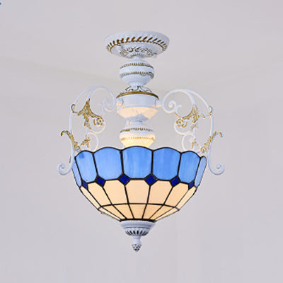 2 Bulbs Bowl Semi Flush Light with Blue Diamond/Blue Square/Red Diamond/Square Tiffany Stained Glass Semi Flushmount in White White Blue Square Clearhalo 'Ceiling Lights' 'Close To Ceiling Lights' 'Close to ceiling' 'Glass shade' 'Glass' 'Semi-flushmount' 'Tiffany close to ceiling' 'Tiffany' Lighting' 38212