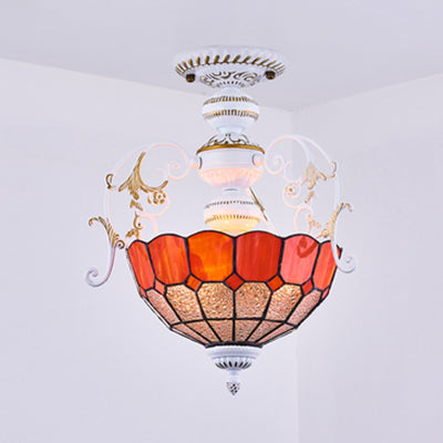 2 Bulbs Bowl Semi Flush Light with Blue Diamond/Blue Square/Red Diamond/Square Tiffany Stained Glass Semi Flushmount in White White Red Diamond Clearhalo 'Ceiling Lights' 'Close To Ceiling Lights' 'Close to ceiling' 'Glass shade' 'Glass' 'Semi-flushmount' 'Tiffany close to ceiling' 'Tiffany' Lighting' 38213