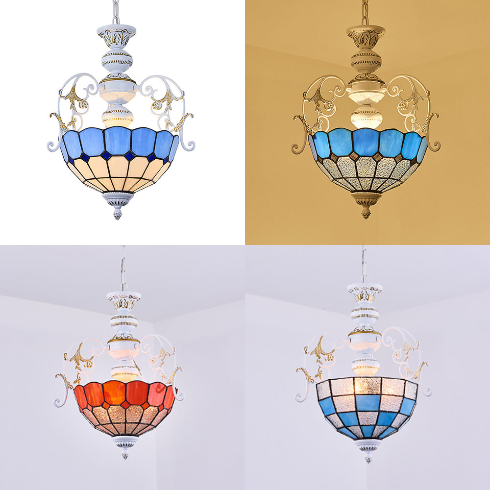 White Finish Bowl Suspension Light 2 Bulbs Stained Glass Tiffany Style Pendant Lamp with Diamond/Blue Square/Blue Diamond/Red Diamond Clearhalo 'Ceiling Lights' 'Chandeliers' 'Industrial' 'Middle Century Chandeliers' 'Pendant Lights' 'Tiffany Chandeliers' 'Tiffany close to ceiling' 'Tiffany' Lighting' 38248