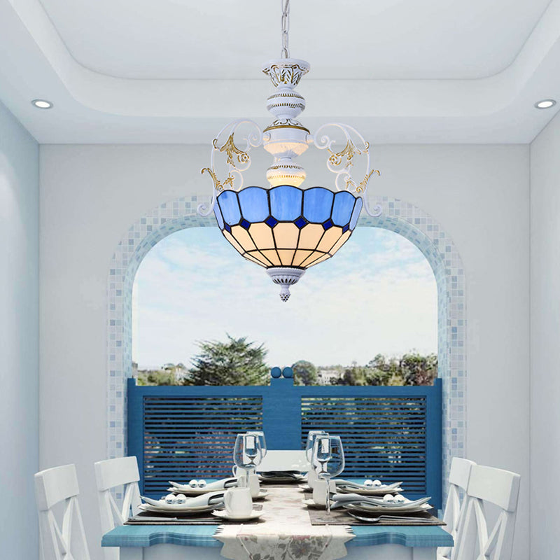 White Finish Bowl Suspension Light 2 Bulbs Stained Glass Tiffany Style Pendant Lamp with Diamond/Blue Square/Blue Diamond/Red Diamond Clearhalo 'Ceiling Lights' 'Chandeliers' 'Industrial' 'Middle Century Chandeliers' 'Pendant Lights' 'Tiffany Chandeliers' 'Tiffany close to ceiling' 'Tiffany' Lighting' 38251