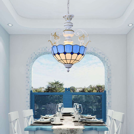 White Finish Bowl Suspension Light 2 Bulbs Stained Glass Tiffany Style Pendant Lamp with Diamond/Blue Square/Blue Diamond/Red Diamond Clearhalo 'Ceiling Lights' 'Chandeliers' 'Industrial' 'Middle Century Chandeliers' 'Pendant Lights' 'Tiffany Chandeliers' 'Tiffany close to ceiling' 'Tiffany' Lighting' 38251