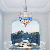 White Finish Bowl Suspension Light 2 Bulbs Stained Glass Tiffany Style Pendant Lamp with Diamond/Blue Square/Blue Diamond/Red Diamond Clearhalo 'Ceiling Lights' 'Chandeliers' 'Industrial' 'Middle Century Chandeliers' 'Pendant Lights' 'Tiffany Chandeliers' 'Tiffany close to ceiling' 'Tiffany' Lighting' 38251